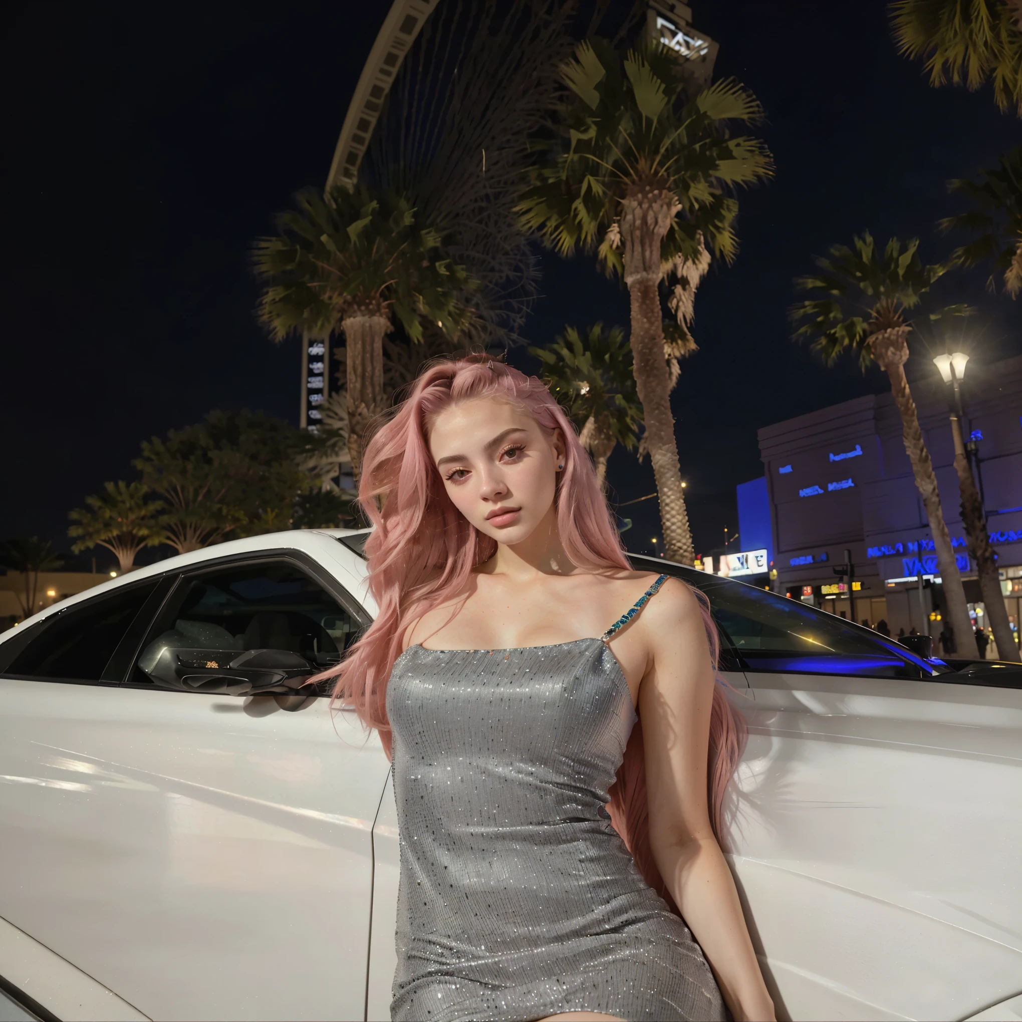 araffe posando frente a un auto blanco en una ciudad, in las vegas, en una calle de las vegas, 2 4 year old female model, sydney sweeney, modelo de instagram, pose casual, amoranto, Vestido apretado, estilo de julia razumova, yelena belova, ava max, con gafas, retrato de kim petras
