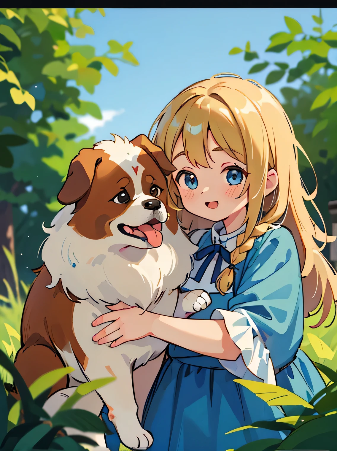 (best quality,4k,8k,highres,masterpiece:1.2), ultra-detailed, (deformed, photorealistic, photo-realistic:1.37), One girl, kawaii, cute, 12 years old, , smiling happily, shining blue eyes, winking, long fluffy blonde hair braided, blue dress.

Hugging one dog, that dog is bigger than the girl, that dog is a St. Bernard, that dog is fluffy.

Background is the yard of a country house.