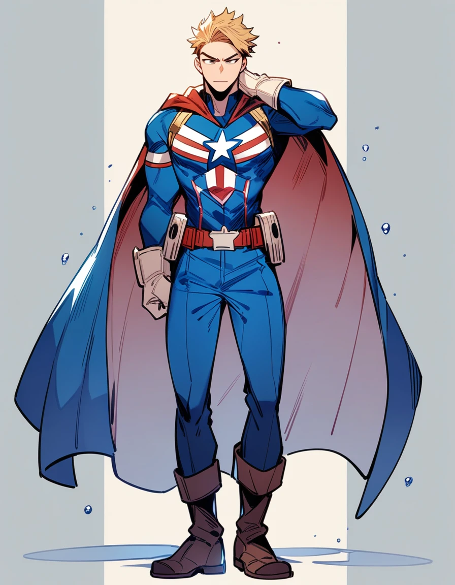 1 boy, male focus, brown and blond hair, boku no hero academia, water quirk, captain America costume, masterpiece, best quality, very aesthetic, absurd, cape, full body illustration.
