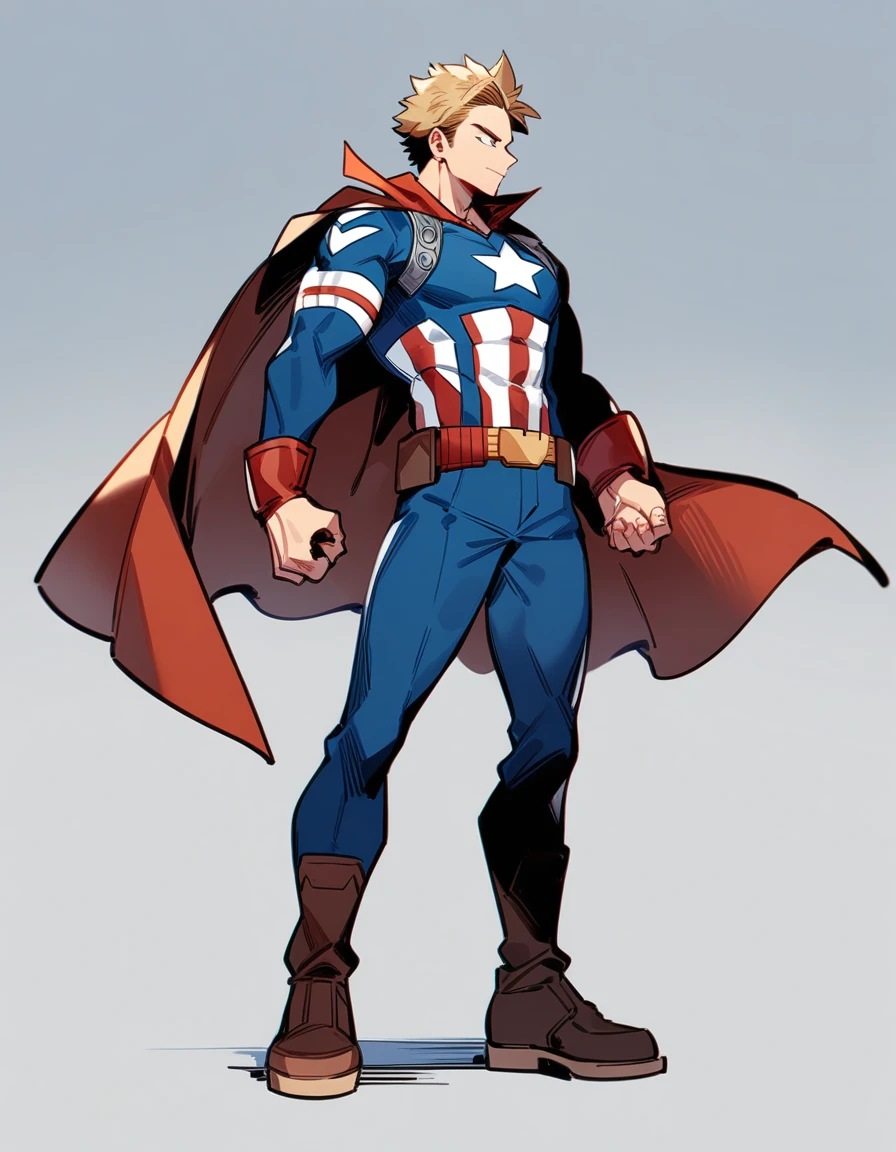 1 boy, male focus, brown and blond hair, boku no hero academia, water quirk, captain America costume, masterpiece, best quality, very aesthetic, absurd, cape, full body illustration.