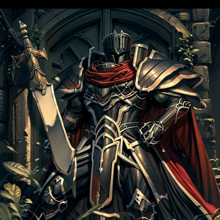 (masterpiece, best quality, detailed:1.2) BlackKnight_fe, Armor, Cape, Helmet, Sword, shield, The cloak is black color, polished armor, armor is shiny, castle, Heroic pose, sitting on the throne, whole body shines like metal. has a huge sword and shield. wearing a dark bodysuit underneath, black bodysuit,