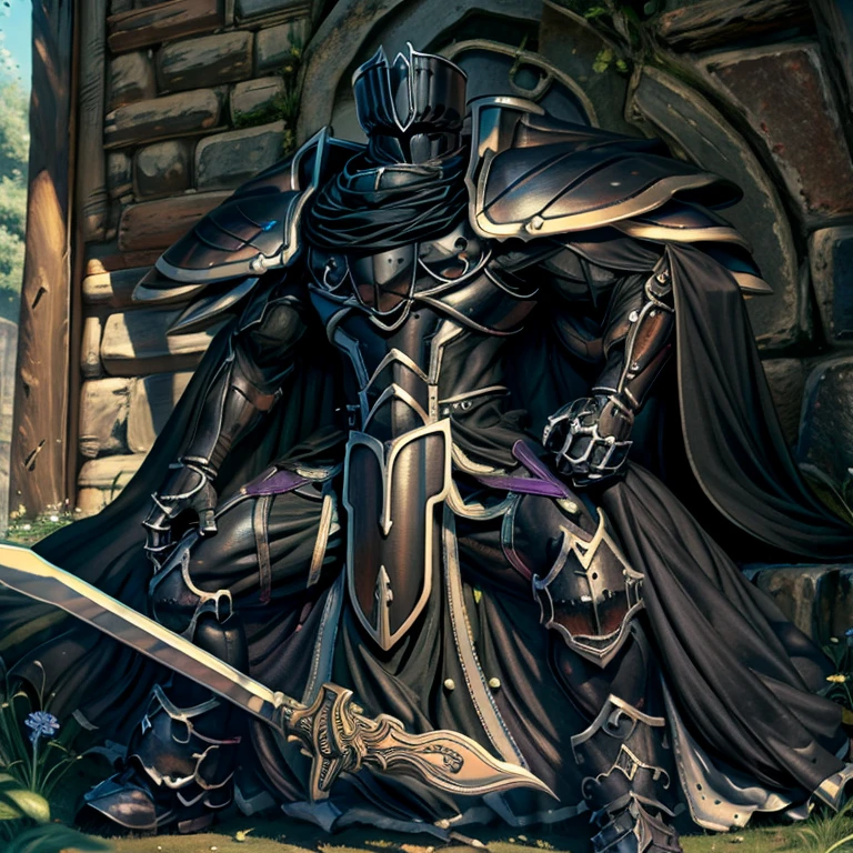 (masterpiece, best quality, detailed:1.2) BlackKnight_fe, Armor, Cape, Helmet, Sword, shield, The cloak is black color, polished armor, armor is shiny, castle, Heroic pose, sitting on the throne, whole body shines like metal. has a huge sword and shield. wearing a dark bodysuit underneath, black bodysuit,