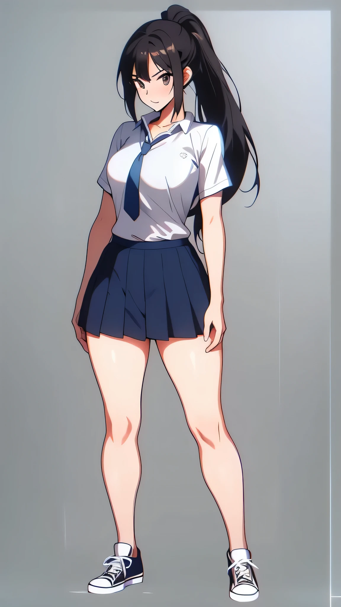 1 girl solo, anime girl with ponytail and tie in a, black hair, (uniform high school)), wearing short sleeve white shirt white tie, standing, ((full body)), converse, converse high, (medium_breasts:1.1), highly detailed face, cool, tomboy,