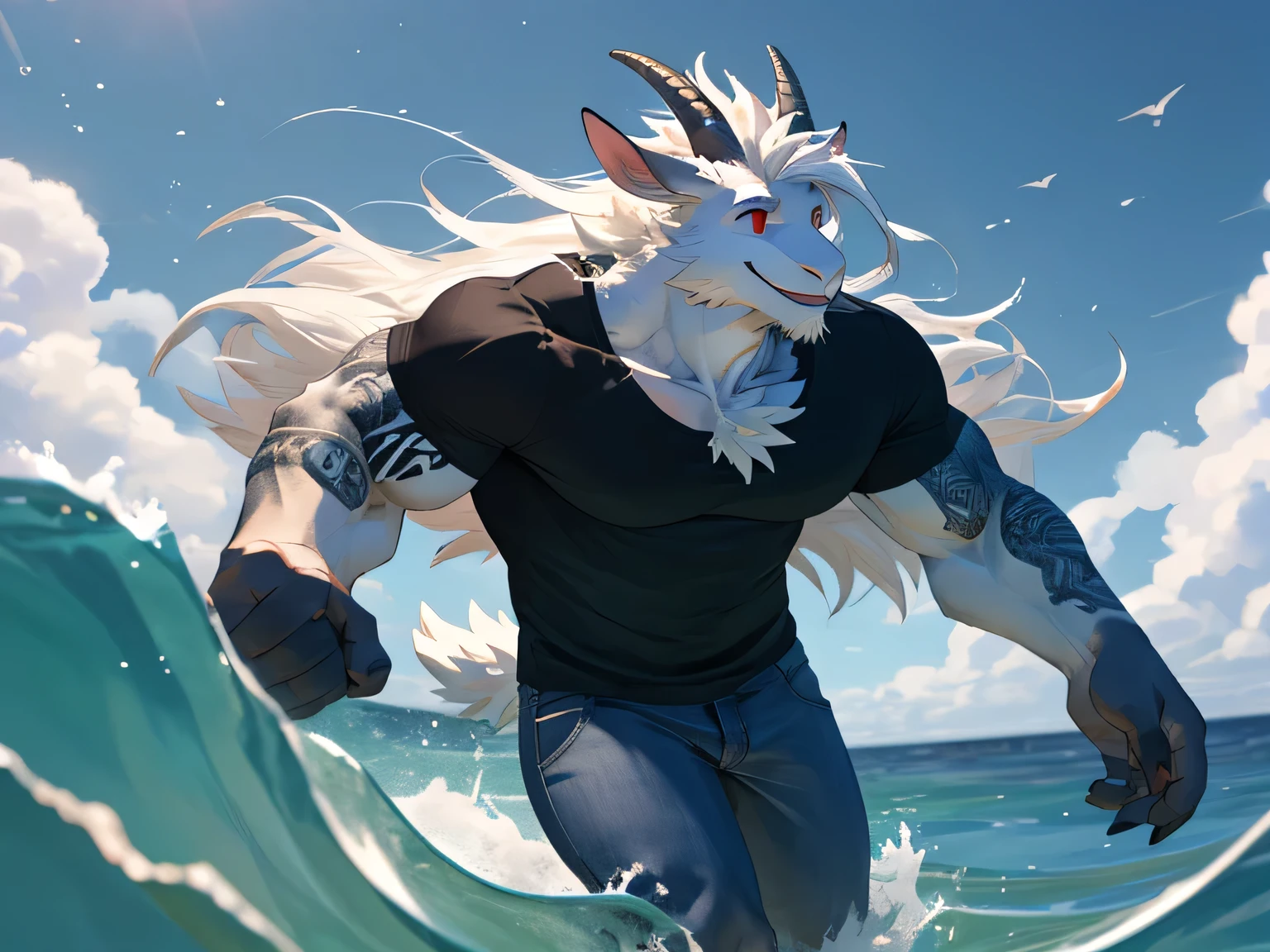 Azazel, A pure white"goat", full body, red eyes , tattoo on neck, grin, smuggle, jeans and black shirt. Anthropomorphic, furry character, "white goat" ,character design, goat character,cloven hoof, muscles, male, full body , "white" long hair,tall, full body, A furry goat character, white furry and black shirt , anthropomorphic goat male, furry character, furry character portrait, an anthro white goat, commission for high res, furry fursona, long hair, goat Beards, muscle , jumping in ocean, happy, sunshine, summer vibe, cinematic view