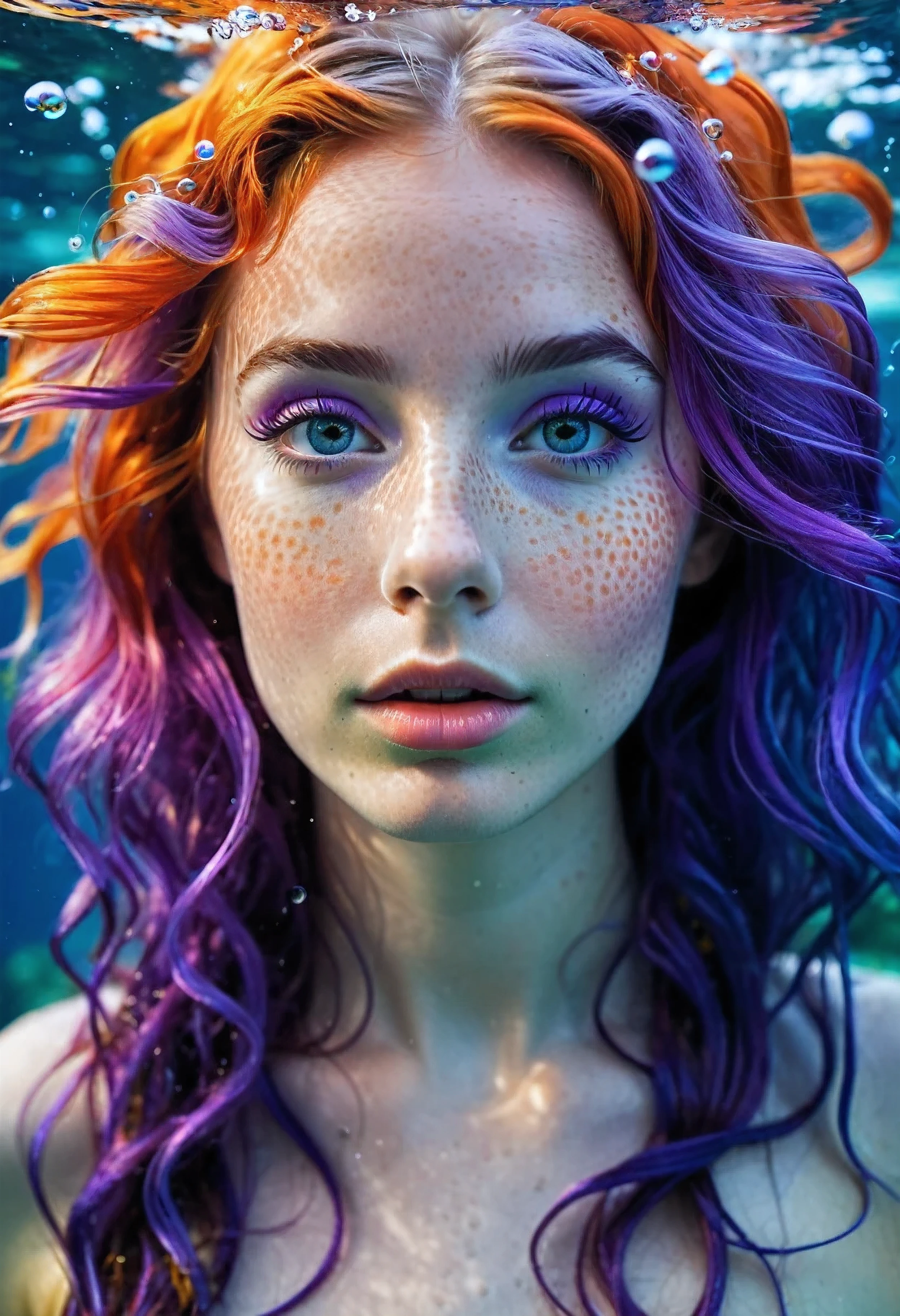 “Front-on portrait of a whimsical, colorful woman who resembles a mermaid. Fair skin, youthful features, wide-open eyes, and delicate freckles on her nose and cheeks. Vibrant, gravity-defying hair in shades of purple, blue, and orange. The hair stands transforms into tendrils or aquatic flora, creating an underwater illusion. Small bubbles floating around the head add to the underwater theme. Overall Effect: Serene otherworldly underwater creature in silent contemplation.