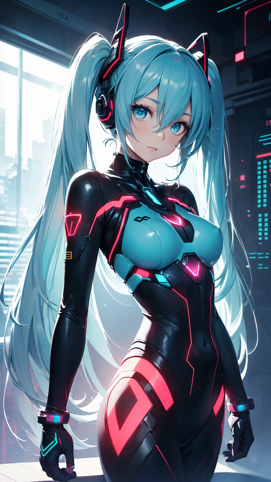 最high quality、Best image quality、masterpiece、Hatsune Miku VOCALOID, Twin tails、Android Girl((, Glowing black cyber suit, Red and white、Blue energy source on chest,Best Bust、Bust 90、Light blue bright hair、Long Hair,Cyber Skirt、Turquoise eyes、Open your chest wide、valley、happiness、Slender、Mysterious Face、floating in the air,Particles of light、Sharp clawed arms,Wounded Body、middle、Glowing Eyes、Reach out))high quality、Beautiful art、background((Mysterious、Fantastic Universe))、Tabletop、Exquisite design、Visual Arts、Feature films