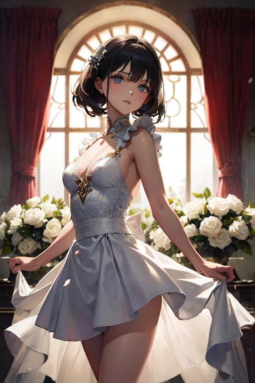 masterpiece, highest quality, One Girl, Thighs, beautiful girl, Flowers, Lots of small petals, Small waist,  Large Breasts、RAWphotograph,Hands are precise、Face Light, Dynamic Lighting, Ultra-realistic, High resolution, photograph, Sharp focus, Highly detailed eyes and face,Symmetrical face、White Dress、Frillicro Skirt、pumps