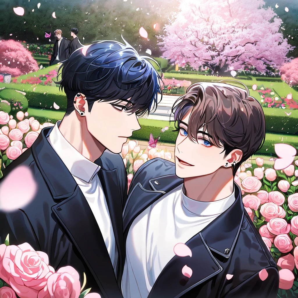 Wisteria flowers,Two boys kissing,One tall and one short,High School Students