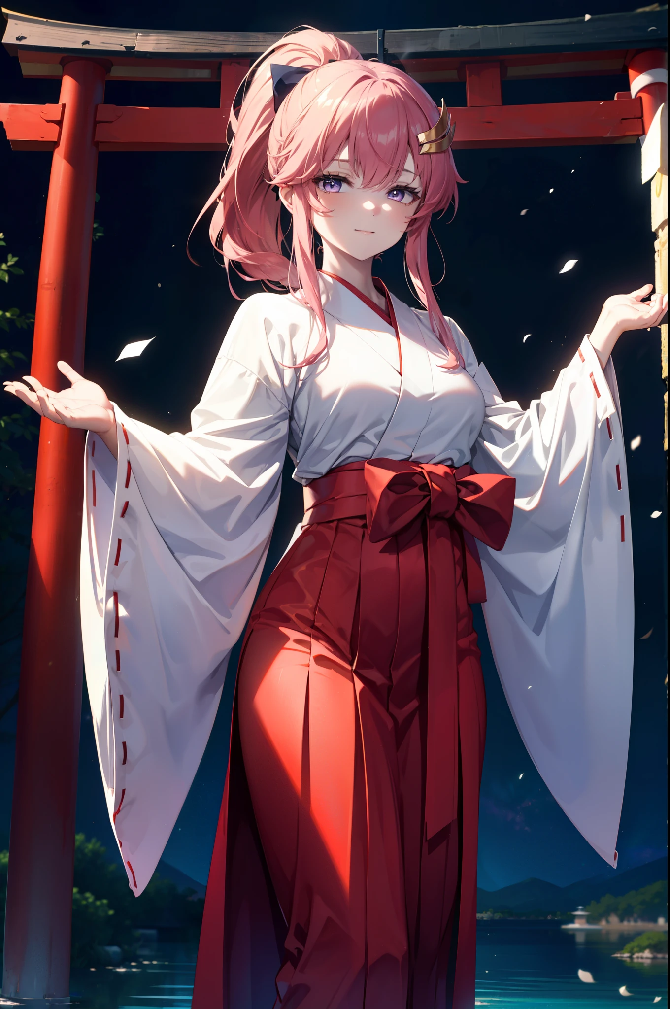 Lacas Klein, Klein Lake, (Purple eyes:1.1), hair ornaments, Long Hair, wave hair ornaments, Pink Hair, smile,Platycodon grandiflorum,Miko, White Kimono,Red Hakama ,White tabi,Sandals,kimono, As with the skirt, Wide sleeves, Long sleeve,Ribbon-trimmed sleeves,  Low ponytail, Daytime,Clear skies,
Watching the audience, Are standing,
break looking at viewer, (Cowboy Shot:1.5),
break outdoors,shrine,torii,
break (masterpiece:1.2), highest quality, High resolution, unity 8k wallpaper, (figure:0.8), (Beautiful fine details:1.6), Highly detailed face, Perfect lighting, Highly detailed CG, (Perfect hands, Perfect Anatomy),