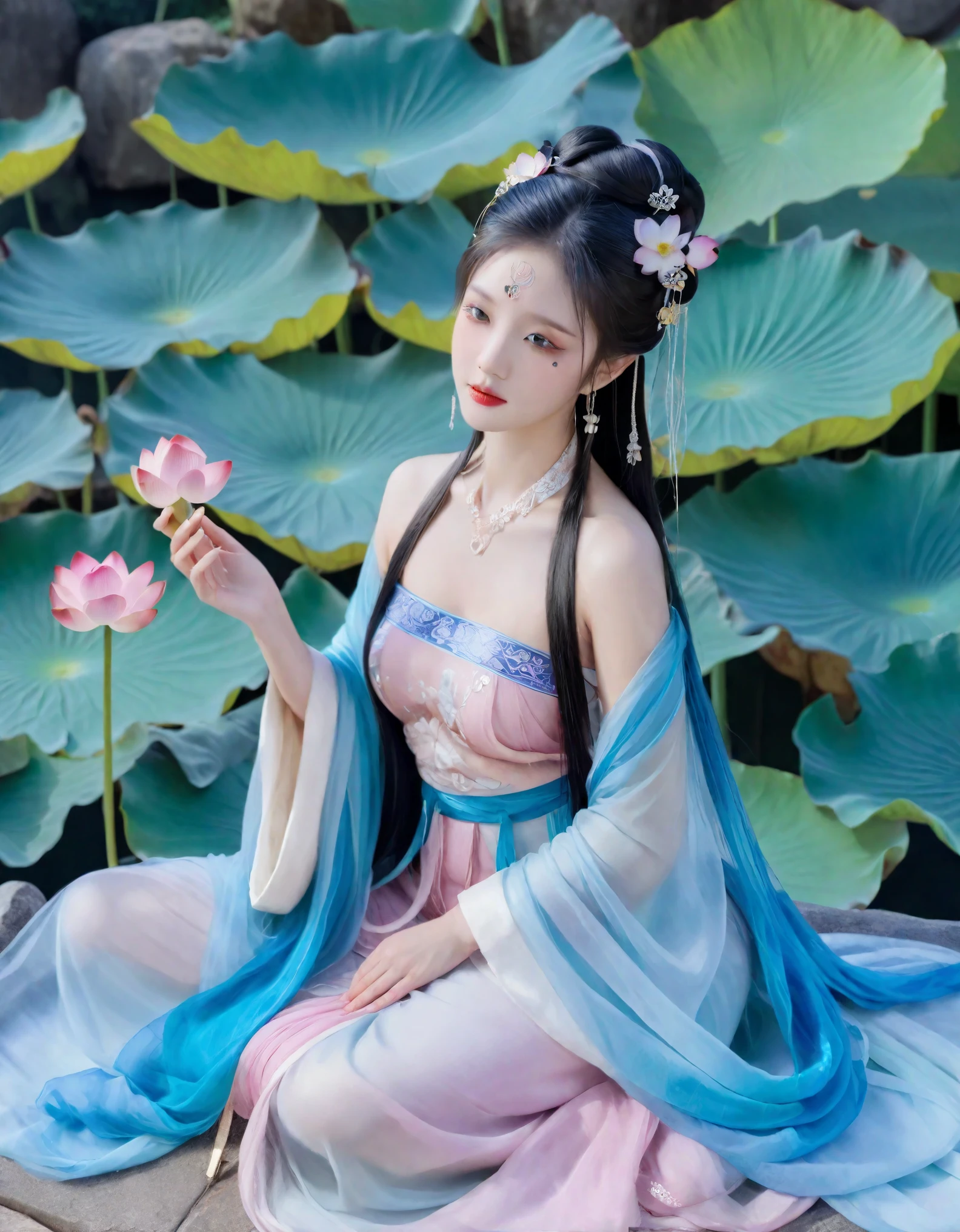 Seated upon a timeless stone, a Chinese beauty encapsulates the grace of ancient eras. Draped in traditional Chinese attire, her flowing blue tulle and light silk ensemble billows gently, echoing the ethereal elegance of bygone dynasties. She assumes aLazy posture, a serene contrast to the bustling world beyond, surrounded by the tranquility of a large lotus leaf and the serene beauty of lotus flowers. The scene is rendered in an ink painting style, celebrating theclean colors and decisive strokes that speak of a simpler, yet profound, artistic expression. The composition is balanced with whitespace, creating a mode of visual harmony that befits a masterpiece. This ultra-detailed epic creation is a testament to high quality andUltra HD precision, boasting anatomically correct features and textured skin that bring the subject to life. An award-worthy rendition, this 8k masterpiece stands as a celebration of art’s timeless allure.