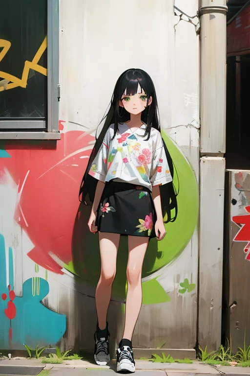 • 2934774106 a feminine girl, Full body,
-description: Loose long black hair, green eyes, (1.60 cm tall), 20 years old, 
-wearing: floral shirt, mini black skirt, printed sneakers,
-background: facing the wall, graffiti,