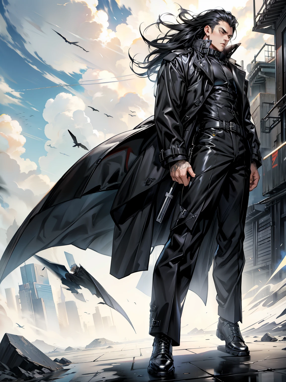 boys 26 Years old, Serious face, wearing high collar long trench coat, ((black shirt)), black pants, high cut boots, levitate on sky, cloud
