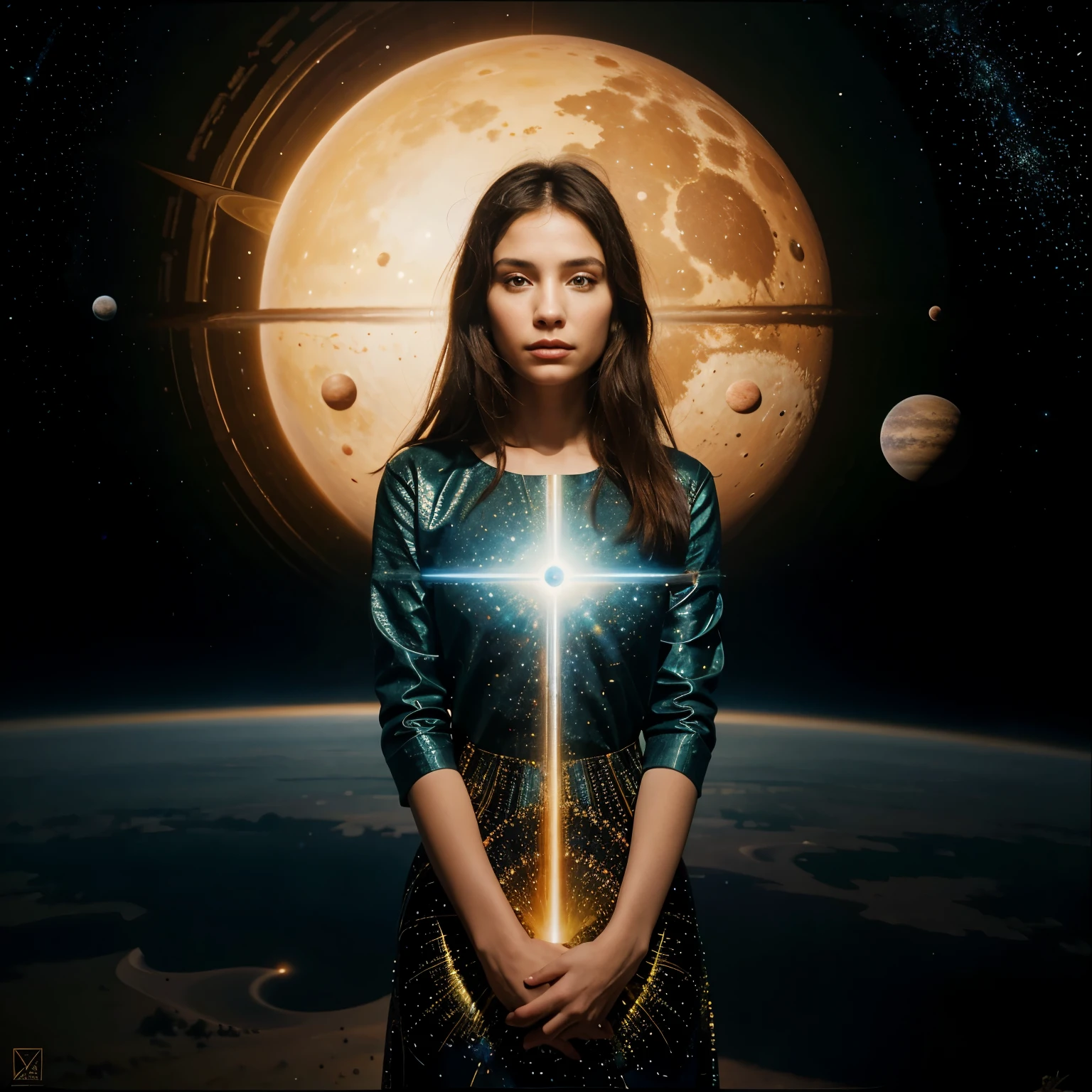The image is a surreal and imaginative painting featuring a woman standing in a desert-like scene. She is surrounded by various planets and celestial bodies, creating a sense of depth and wonder. The woman appears to be in a meditative state, as she is depicted with her hands clasped together in front of her. In addition to the woman, there are several other people in the painting, possibly representing different characters or beings from the depicted universe. The painting is a captivating display of creativity and artistic expression, inviting the viewer to explore the vastness of space and the intricacies of the human experience.