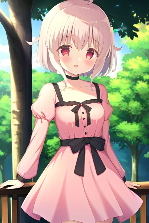 High resolution, high quality, One girl, uehara meiko, Small breasts, Black Choker, Pink Dress, Juliet Sleeve, Outdoor, null