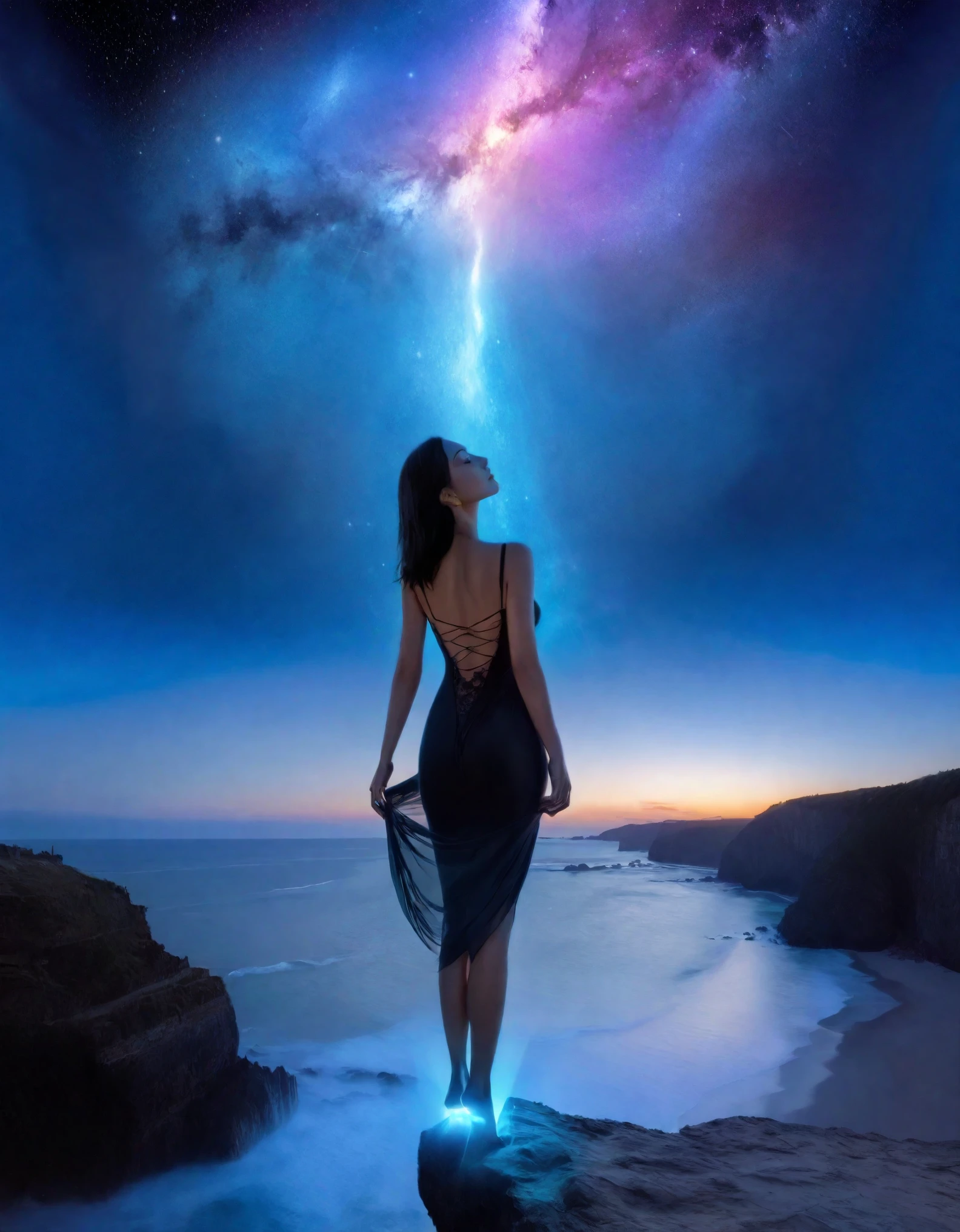 In this panoramic vista, the perspective shifts to simulate a sensation of soaring high above, perched atop a colossal cliff that dominates the landscape far below. The woman, positioned at the very brink, seems even more elevated, as if she’s standing at the threshold between the earthly realm and the boundless expanse of the cosmos. Her dress, a cascade of deep midnight blues transitioning to vivid teals, flutters around her, mirroring the immensity of the chasm below and the heavens above. The bioluminescent beach underfoot radiates with intense light, its glow stretching upwards as if yearning to connect with the woman, forging a link between the terrestrial and the celestial. Above, stars shimmer with extraordinary brightness and clarity against the inky black backdrop of the sky, casting a cosmic glow over the entire scene. The horizon stretches endlessly, merging the sea with the sky, accentuating the immense height and the perilous edge where the woman stands. This scene transcends mere visual grandeur, evoking profound feelings of elevation, solitude, and a deep-seated connection with the vast universe.