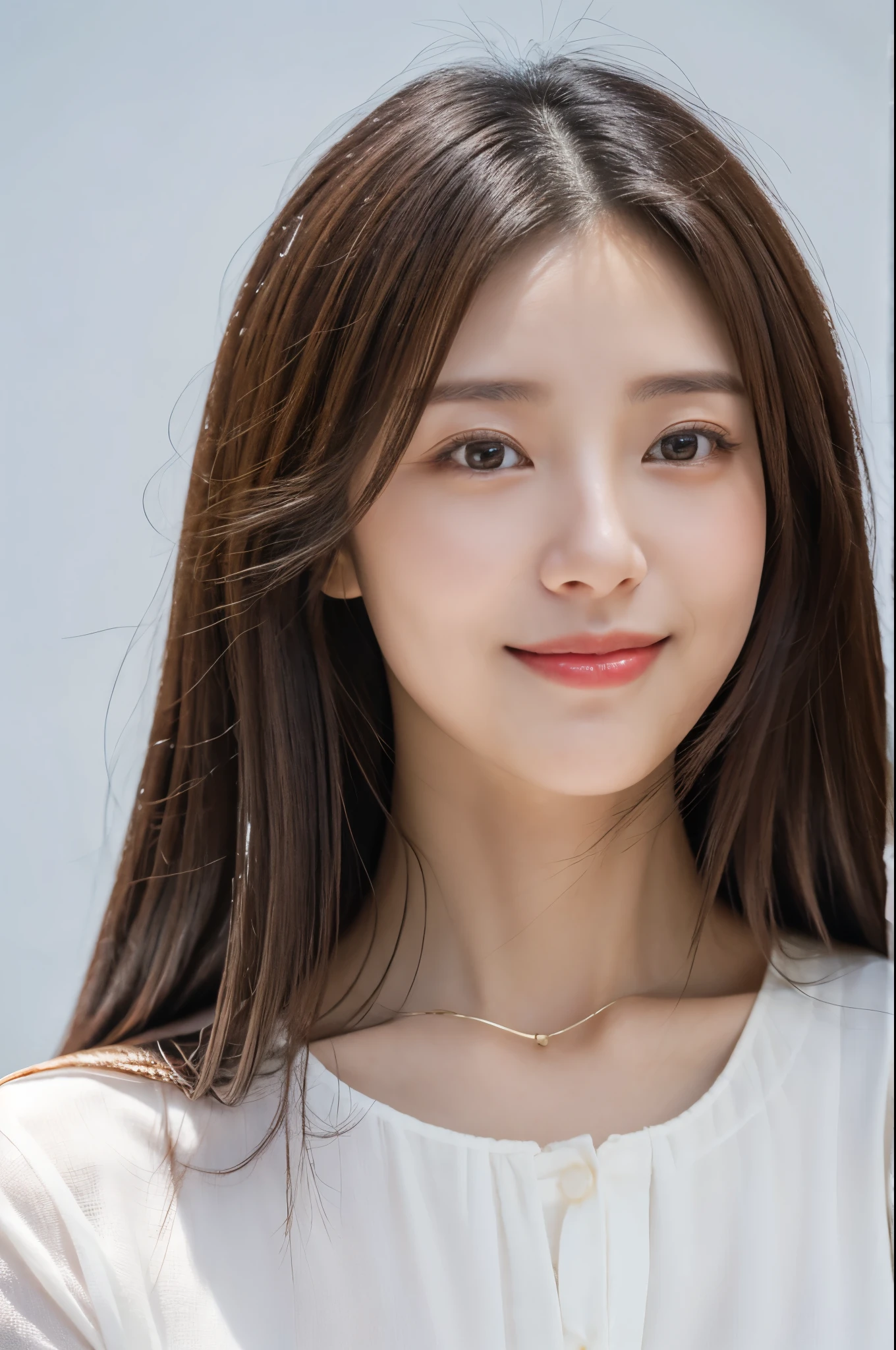 Japanese women, In their 30s, White background, simple背景,Long Hair、White-brown hair, Slender, 4K, 8K, High quality, Beauty products, EyesBeautiful Eyes, simple, It is high resolution.,1 person,Beautiful Skin,Beautiful Skin、Natural smile、fresh,Natural red lips、Wearing a white blouse
