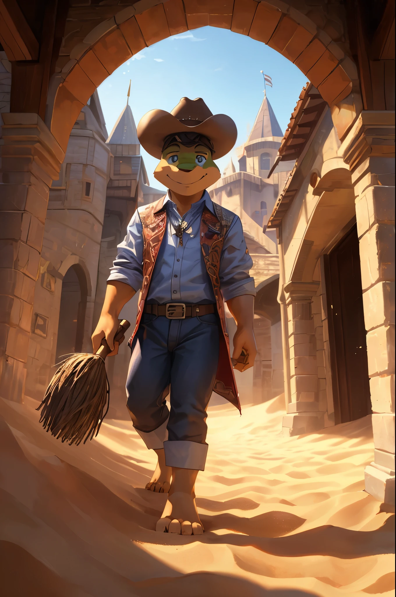 (((Barefoot furry character, full body, cinematic setting, furry male, plantigrade)))
Dream on, little Broomstick Cowboy
Of rocket ships and Mars
Of sunny days and Willie Mays
And chocolate candy bars
Dream on, little Broomstick Cowboy
Dream while you can
Of big green frogs and puppy dogs
And castles in the sand
BREAK, nice soles, detailed background, 8K, (masterpiece:1.5), intricate details, highly detailed, extreme detail, octane render, fine art, best quality, highres, (detailed face:1.5), ((full_body)), UHD, (((perfect hands))), low light