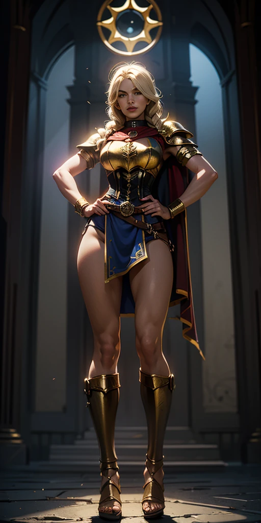 paladin lady in ornate golden armor, black collar, pauldrons, breastplate, corset, glowing halo, single braid, blonde, yellow glowing eyes, bright pupils, eye focus, red cape, temple indoors, stained glass windows, night, moonlight, particles, light beam, chromatic aberration, (full body, whole body. 1solo (girl). slave fighter, loincloth standing, hands on hips full body, whole body. 1solo (girl). slave fighter, loincloth standing, hands on hips, metal sandals, backpack, choker, big belt, view from below, feet together, bracers, tiara) Cross Belt Blindfold