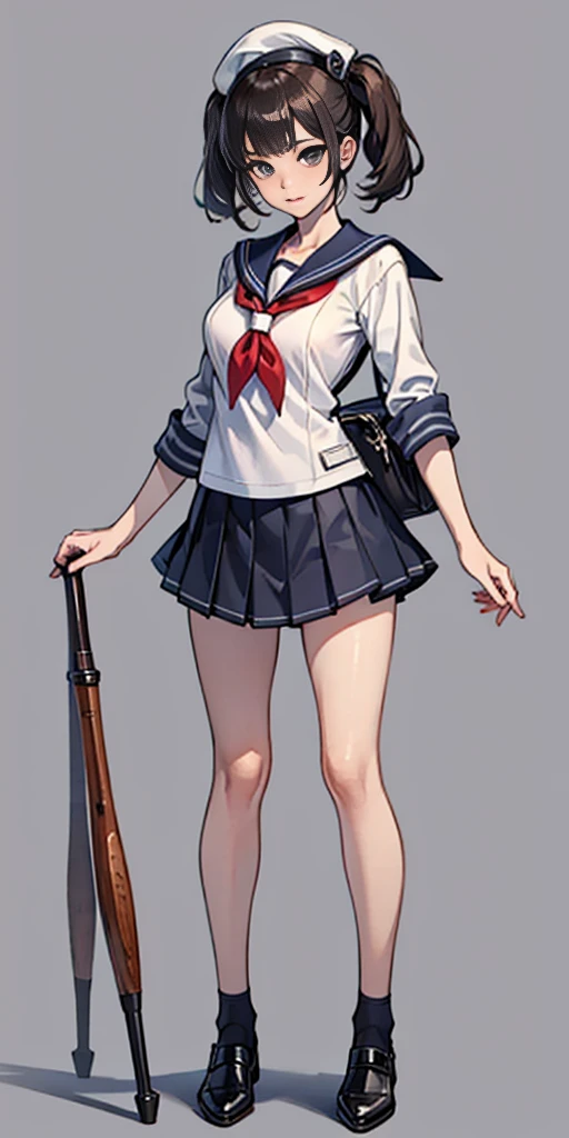 Beauty all over the body, Sailor suit, leather shoes, stand head-on, a skirt, grey background