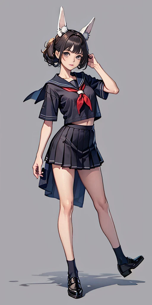 Beauty all over the body, Sailor suit, leather shoes, stand head-on, a skirt, grey background
