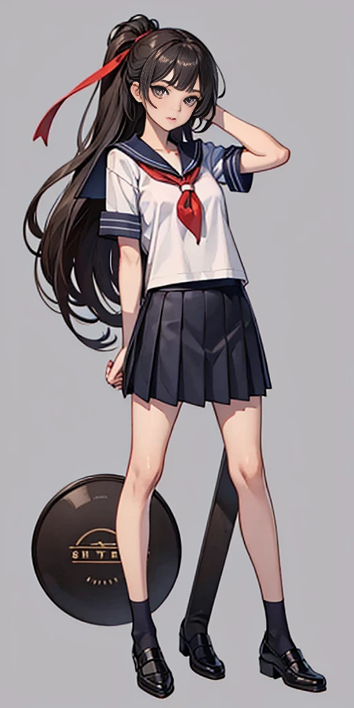 Beauty all over the body, Sailor suit, leather shoes, stand head-on, a skirt, grey background