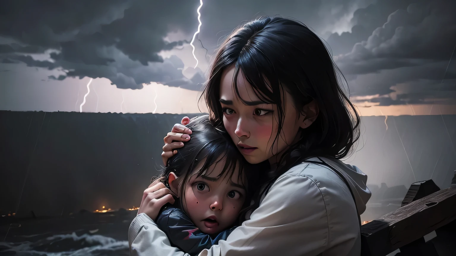 During a violent storm, a mother holds her frightened in her arms. as together they watch the rumble of thunder and lightning lighting up the dark sky