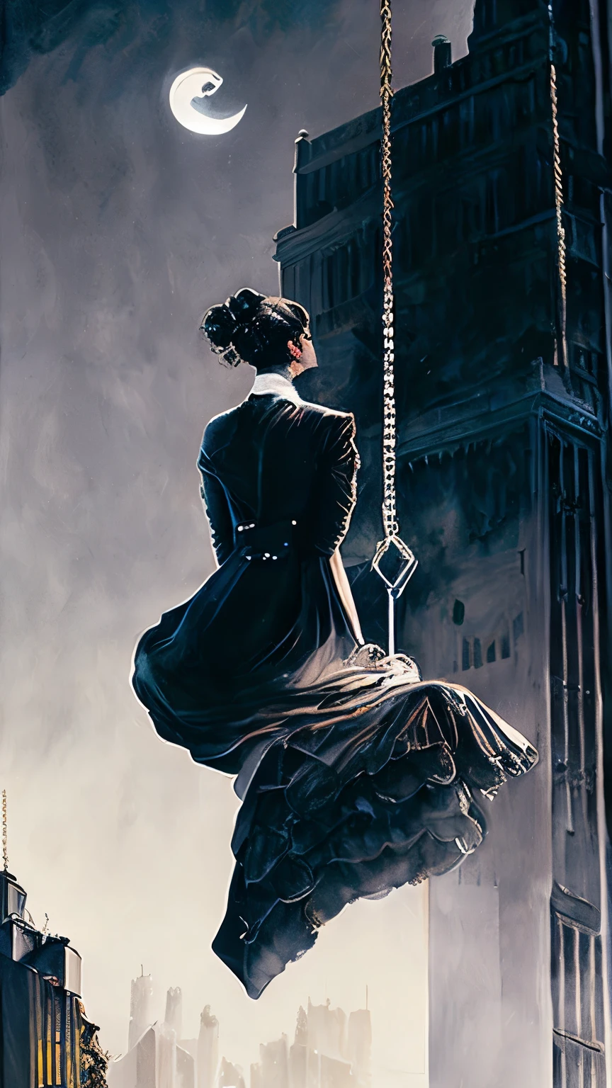 fusion of watercolor and oil painting, monochrome, no color, from behind, best quality, super fine, 16k, incredibly absurdres, extremely detailed, rear view of a woman sitting on a trapeze between two skyscrapers, wind, wind-effect, moonlit night view, (magnificent view:1.1) , cyberpunk, steampunk, dieselpunk, clockpunk, artwork, mixture art, blend art, design art