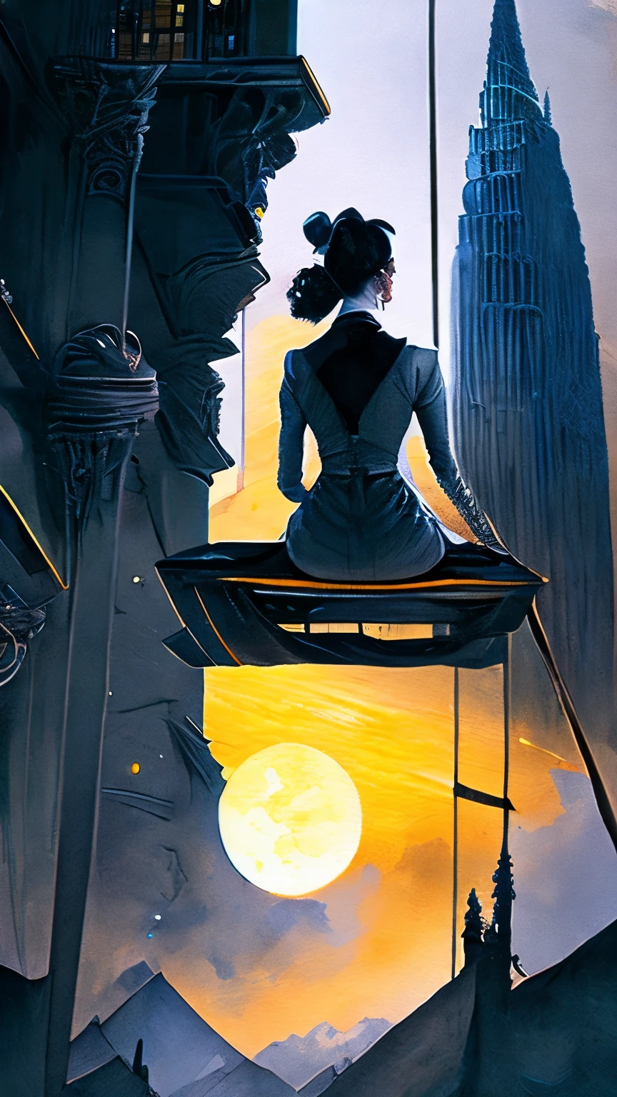 fusion of watercolor and oil painting, monochrome, no color, from behind, best quality, super fine, 16k, incredibly absurdres, extremely detailed, rear view of a woman sitting on a trapeze between two skyscrapers, wind, wind-effect, moonlit night view, (magnificent view:1.1) , cyberpunk, steampunk, dieselpunk, clockpunk, artwork, mixture art, blend art, design art