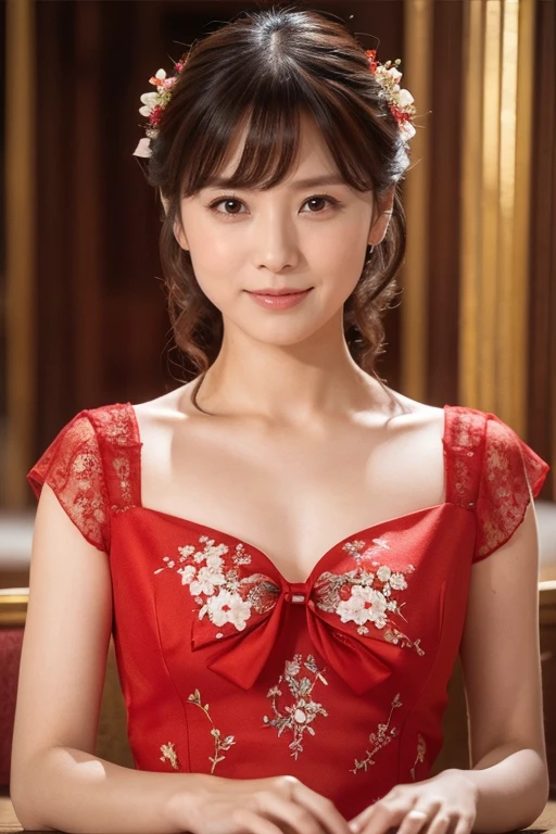 Medium view, medium shot, Depth of bounds written, bust, Upper body, cinematic angle, masterpiece, highest quality, Super detailed, cg, 8k wallpaper, beautiful face, delicate eyes, maiden, alone, smile, bangs, Fractal print dress, have, Crimson dress, bow, petal, bouquet