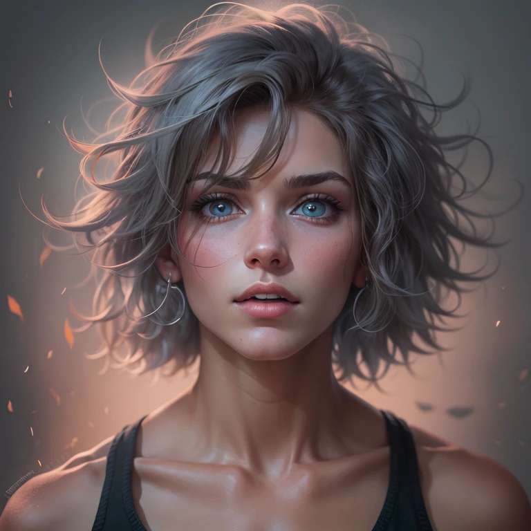 epic realism, 1 junge frau 25 jahre, haltung frontal in kamera, Upper body and head visible, weisses tanktop unifarben, der blick starrt frontal in kamera, blaue strahelnde augen, european skin type, dunkelbraune haare in silber, rebellische wilde frisur zerzaust, licht dramatisch warm, hintergundhellgrau unifarben