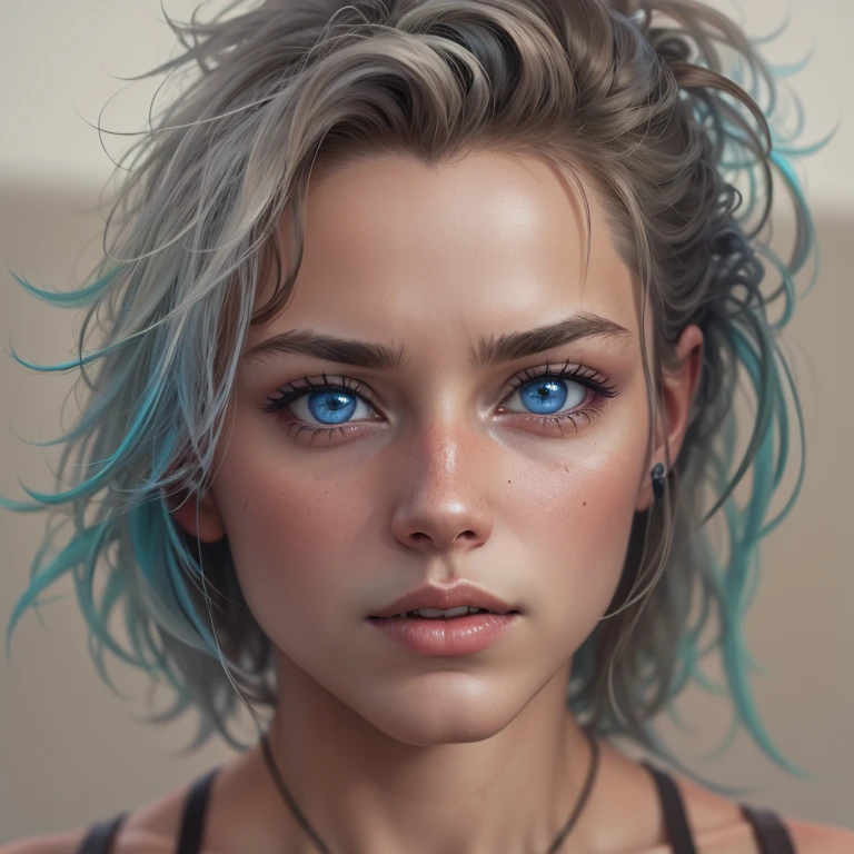 epic realism, 1 junge frau 25 jahre, haltung frontal in kamera, Upper body and head visible, weisses tanktop unifarben, der blick starrt frontal in kamera, blaue strahelnde augen, european skin type, dunkelbraune haare in silber, rebellische wilde frisur zerzaust, licht dramatisch warm, hintergundhellgrau unifarben
