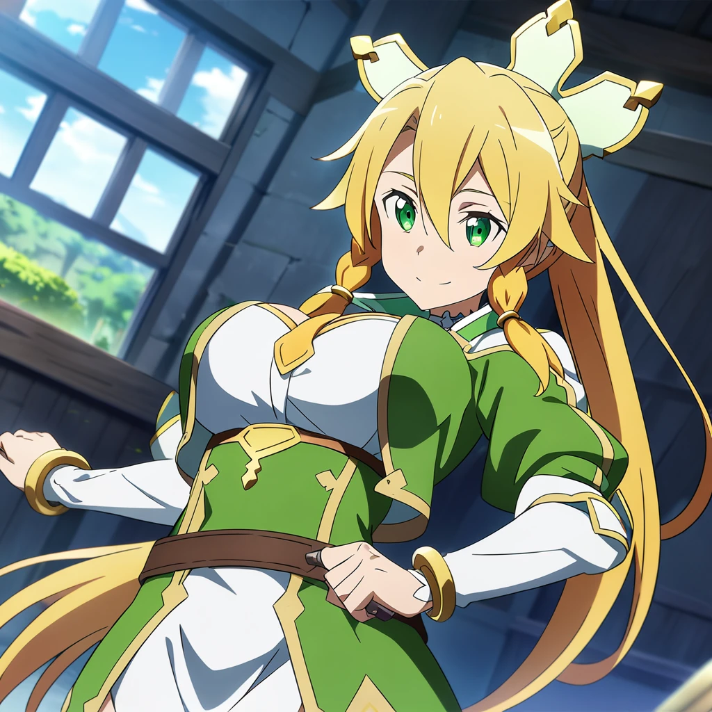 1 masterpiece, perfectly detailed, 1 girl, beautiful girl, solo, long hair, brown hair, big natural breasts, green eyes, perverted look, out chest, skirt, white thigh-high stockings, gold shoes, perverted smile, full body , hair hime style cut, standing, front view, anatomically perfect body, finely detailed face.