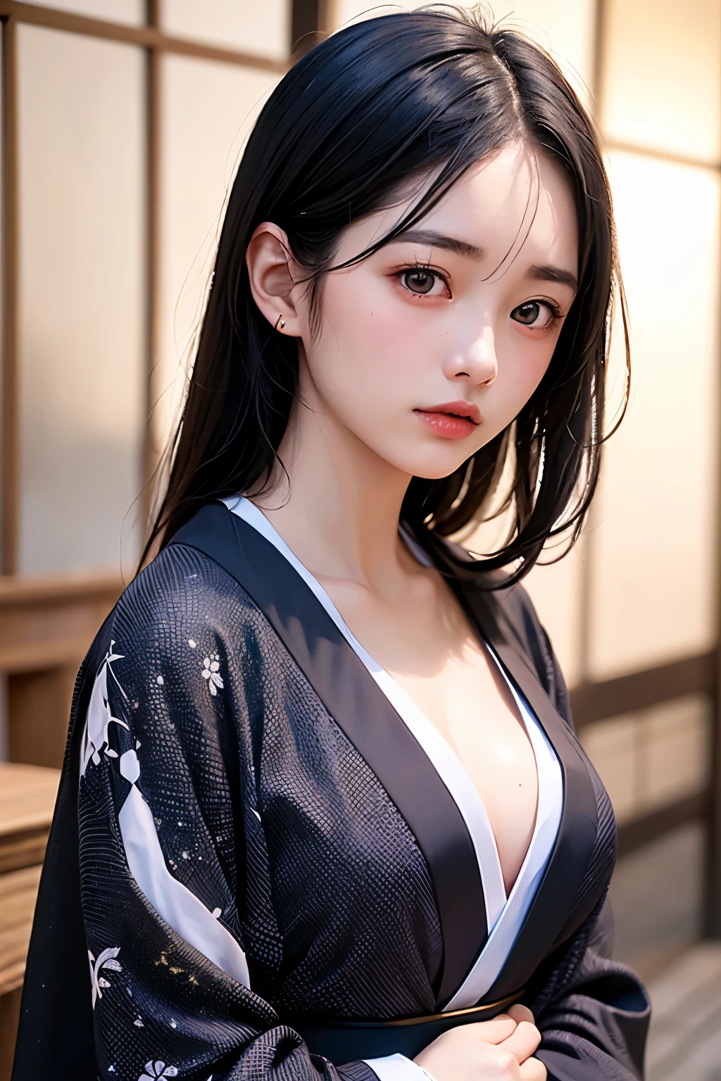 (1 nogizaka girl,raw photo,photo realistic:1.5),(best quality, high quality,HDR, highest quality,ultra high resolution,high resolution,high res,ultra high difinition,huge file size,8K,2K wallpaper,8K wallpaper,high quality texture,amazing,an extremely delicate:1.4),one girl, Japanese famous idol,beautiful face,small face,absurd,ridiculous,incredibly ridiculous,portrait,breasts close up,blurry background,(school uniform,cleavage,no makeup:1.2),(six_heads tall),medium skin,beautiful skin,detailed skin,six heads tall,black hair,silky hair,(Japanese eyes:1.3),detailed eyes,black eyes,Japanese idol eyes,triangle eyes,Japanese nose,5-fingers,(Light Particles, Lens Flare, Luminous Particles: 0.7),looking at viewer,bright lighting,professional lighting,girl