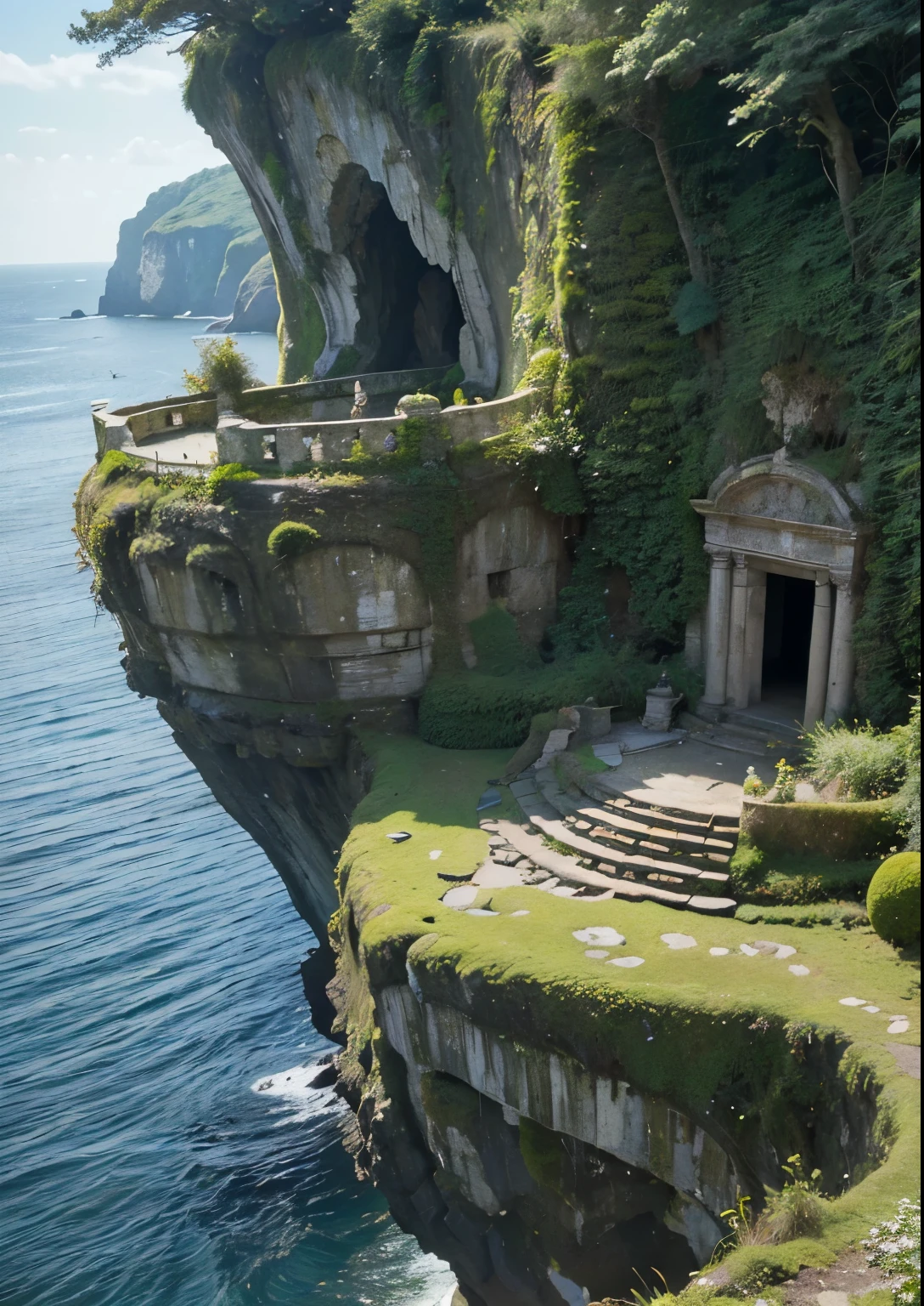 (masterpiece、highest quality:1.2)、8k、You can see the ocean、Ancient ruins built on the edge of a cliff、It is covered with moss and ivy.