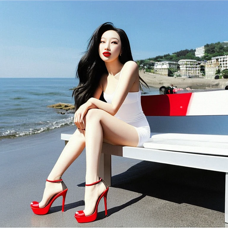 highest quality、Very stylish woman、Transparent glass-like body、Long Hair、Straight hair、Shiny black hair、Her upper and lower body are pure white and she is wearing a miniskirt., She is shy、Cleanliness from head to toe、Bright red lipstick、Looking forward in stiletto heels、Natural sun rays、The background is outdoor beach