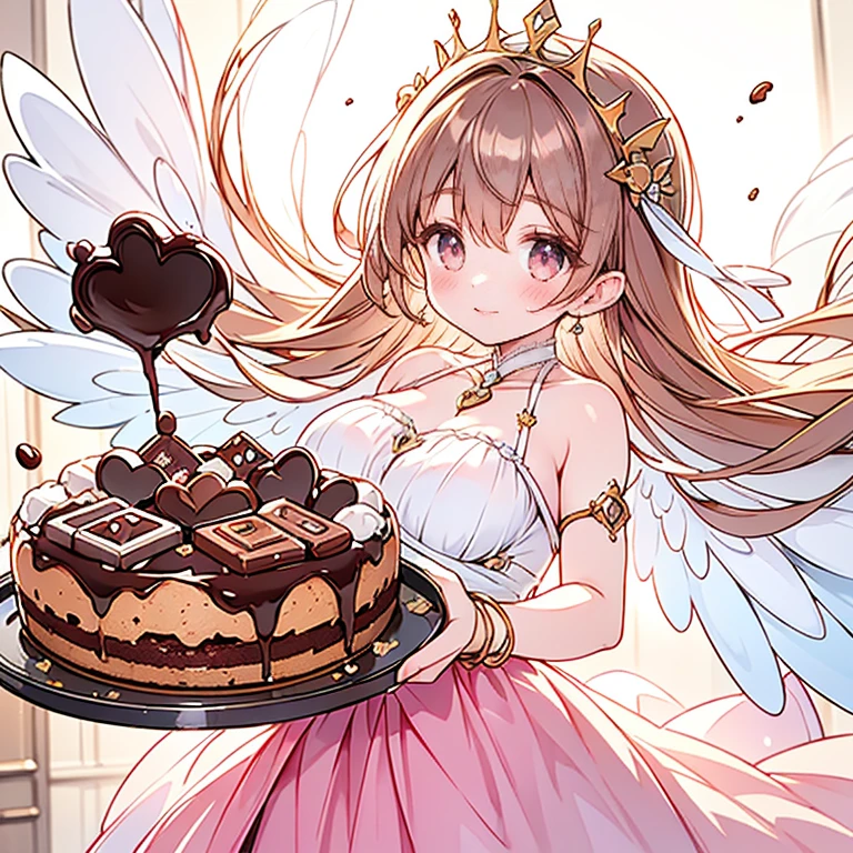 (Exquisite, beautiful, Very detailed, masterpiece, High resolution,high quality,High resolution),(Well-formed face,Soft and thin lines: 1.2, beautiful, Delicate and vivid illustrations with a mature and clear feel), Lots of beautiful and delicious looking chocolates,A chocolate-winged fairy is floating in the air holding a large silver fork with a Happy smile on his face,Chocolate motif ball gown dress, Race, Ruffles and ribbons, fluffy, Black and white tones on a dark brown base.,Chocolate Tiara,neckRace,Earrings,bRacelet,chocolate fairy wings,(Short eyebrows,Pale pink blush, Plump pink lips,Beautiful eyes,Quite large and fluffy bust,Open chest,Fair skin, Good style,Knee-high with Race,),Happy,smile,Melted chocolate,Chocolate cake,truffle chocolate,chocolate bar,Pocky,chocolate cookies,Bright colors,Eye-catching colors,Dynamic Angle,Cute Dream,
