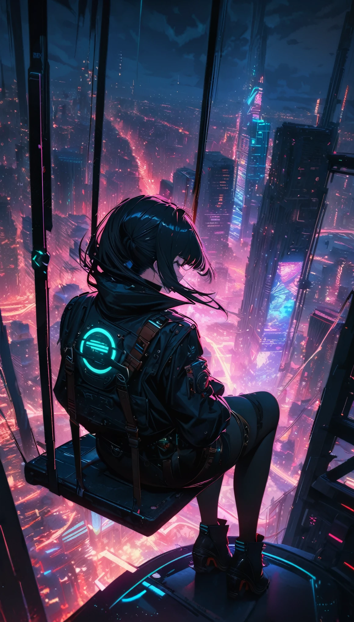from behind, best quality, super fine, 16k, incredibly absurdres, extremely detailed, rear view of a woman sitting on a trapeze between two skyscrapers, wind, wind-effect, moonlit night view, (magnificent view:1.1) , cyberpunk, steampunk, dieselpunk, clockpunk, artwork, mixture art, blend art, design art