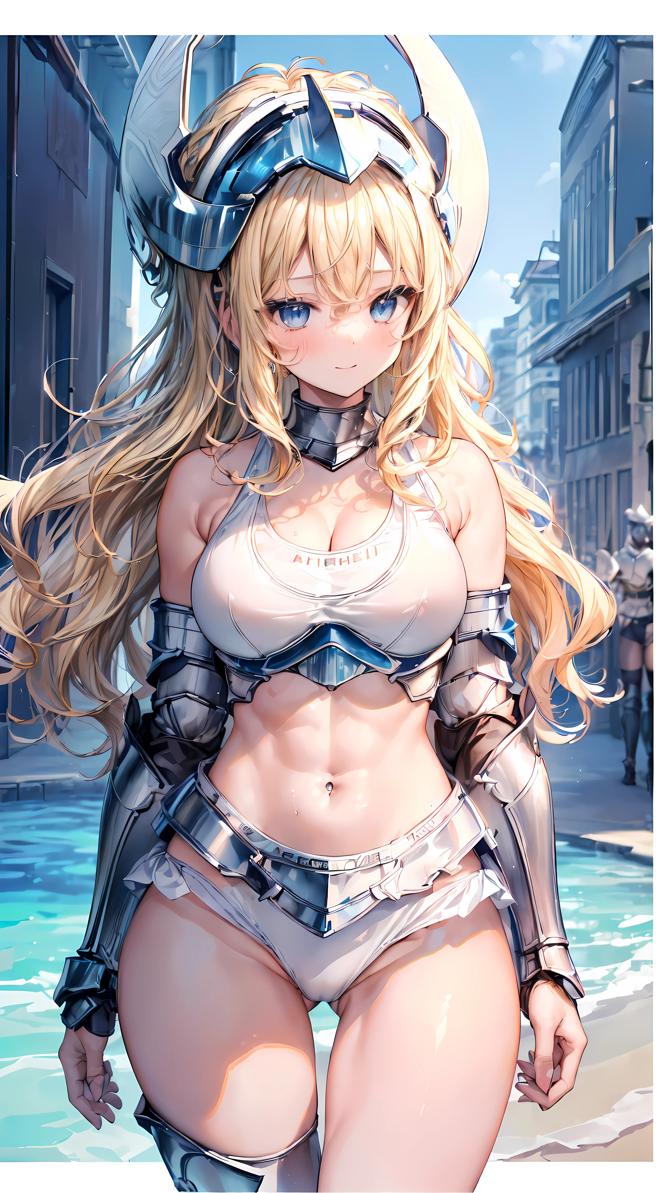 (Adult women:1.5)、Very detailed、highest quality、Best image quality、masterpiece、8k、Anime Face、A kind smile、Open your mouth、Sparkling blue eyes、(Blonde Wavy Hair:1.5)、、Muscles of the whole body、camisole、Thigh belt、mini skirt、(Wearing white bikini armor:1.5)、(Cowboy Shot:1.5)、(Leg armor:1.5)、(Wearing a helmet:1.5)
