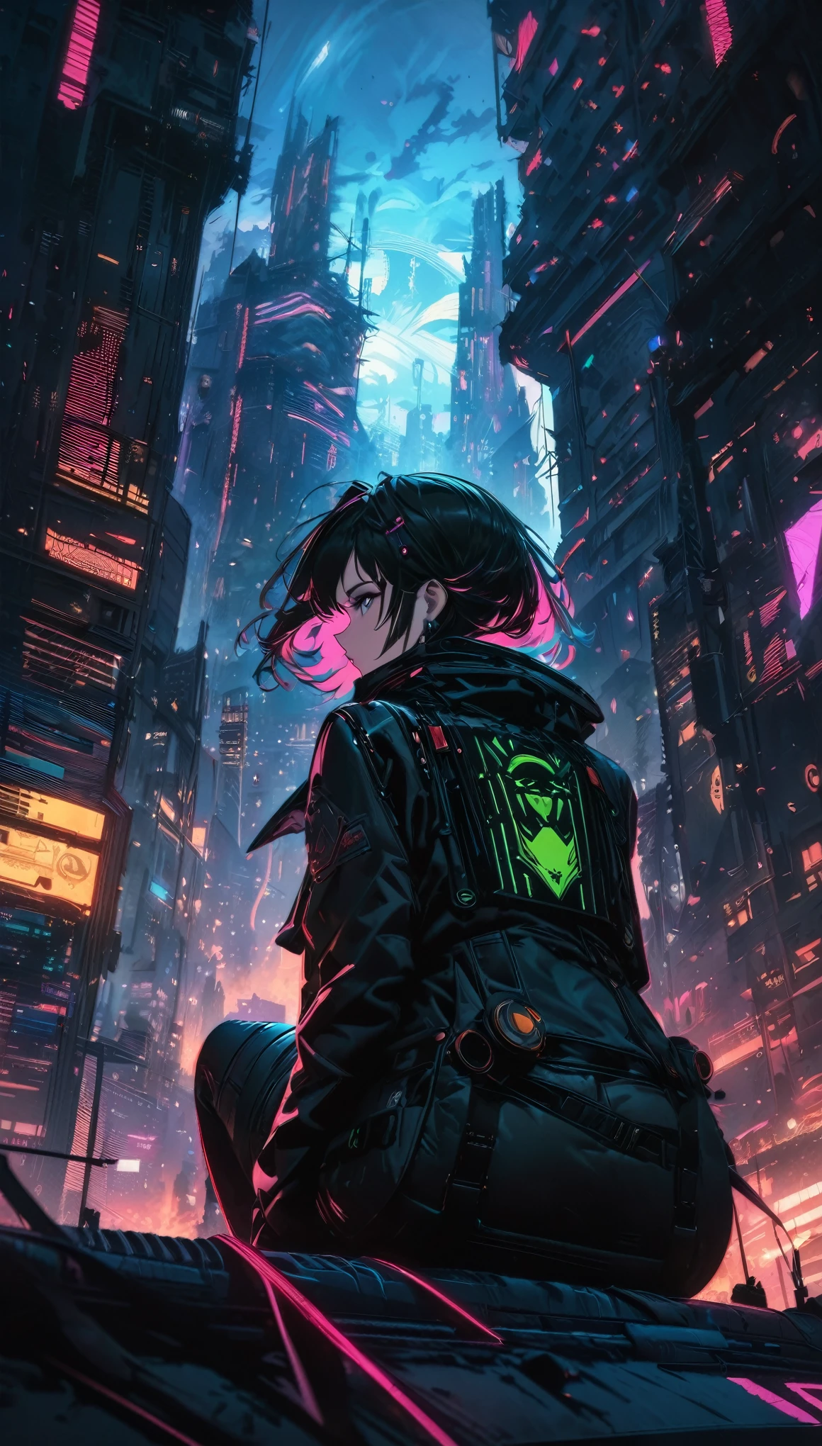 from behind, best quality, super fine, 16k, incredibly absurdres, extremely detailed, rear view of a woman sitting on a trapeze between two skyscrapers, wind, wind-effect, moonlit night view, (magnificent view:1.1) , cyberpunk, steampunk, dieselpunk, clockpunk, artwork, mixture art, blend art, design art