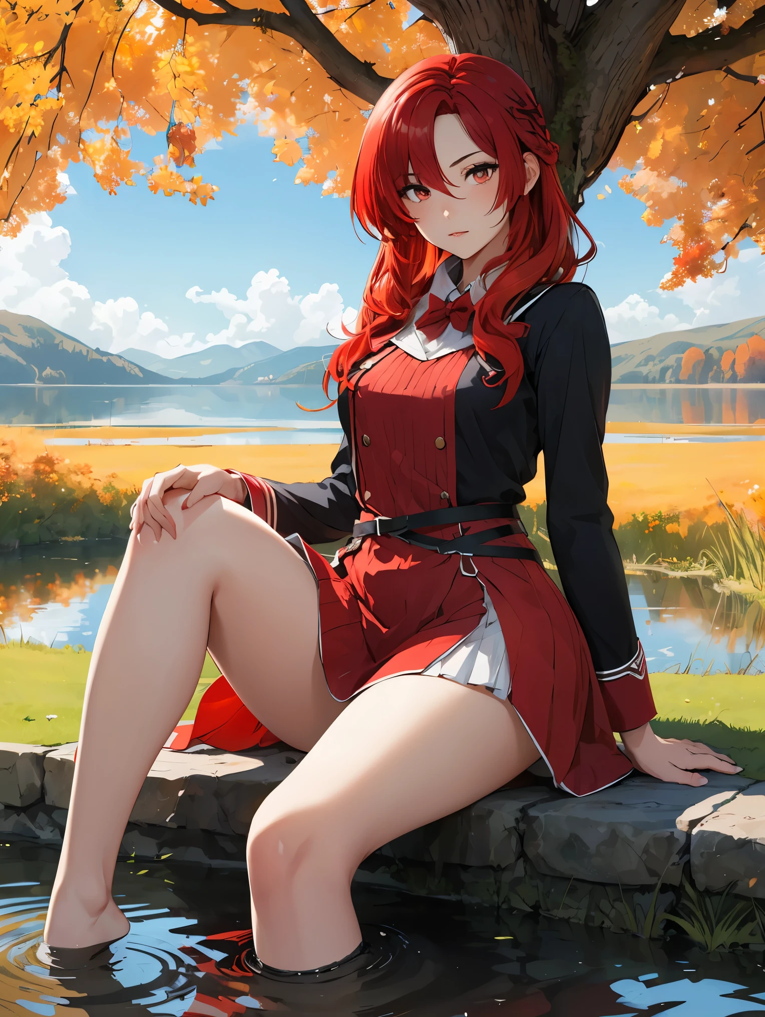 1girl, lisara restall, ((red hair:1.5)),
BREAK (two-tone dress, red belt, lycoris uniform:1.2), BREAK front view, thighs, thigh focus, outdoors, lake, grass, sitting on ground, sitting, nature, autumn, fall(season), by the lake, feet in lake, sexy, pond,
BREAK ((anime girl)), best quality, expressive eyes, perfect face, (masterpiece), best quality, expressive eyes, perfect face, ((best quality)), ((ultra-detailed)), ((an extremely delicate and beautiful)), perfect eyes, perfect body, ((synmetry eyes)), beautiful eyes, ((thick thighs)), shiny skin, soft skin, ((synmetry body)), ((perfect body)),