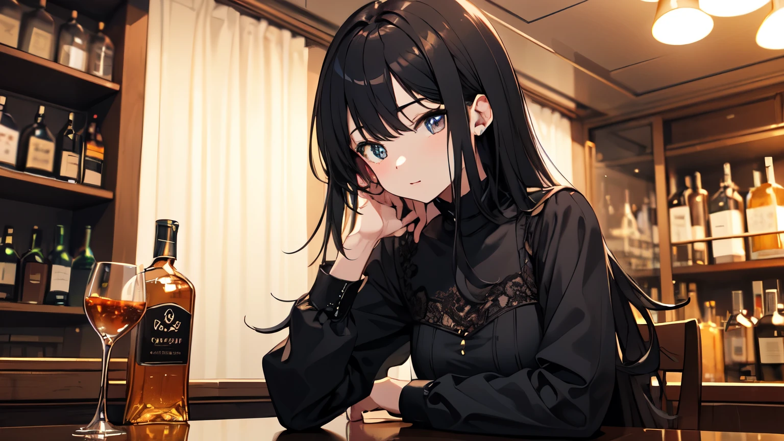 {{masterpiece, highest quality, Highly detailed CG, 8k wallpaper, 3D, Cinema Lighting、vivid}}、((One woman))、Chic black dress、Jazz Bar、indoor、Gentle lighting、1 glass of whiskey、Relaxing