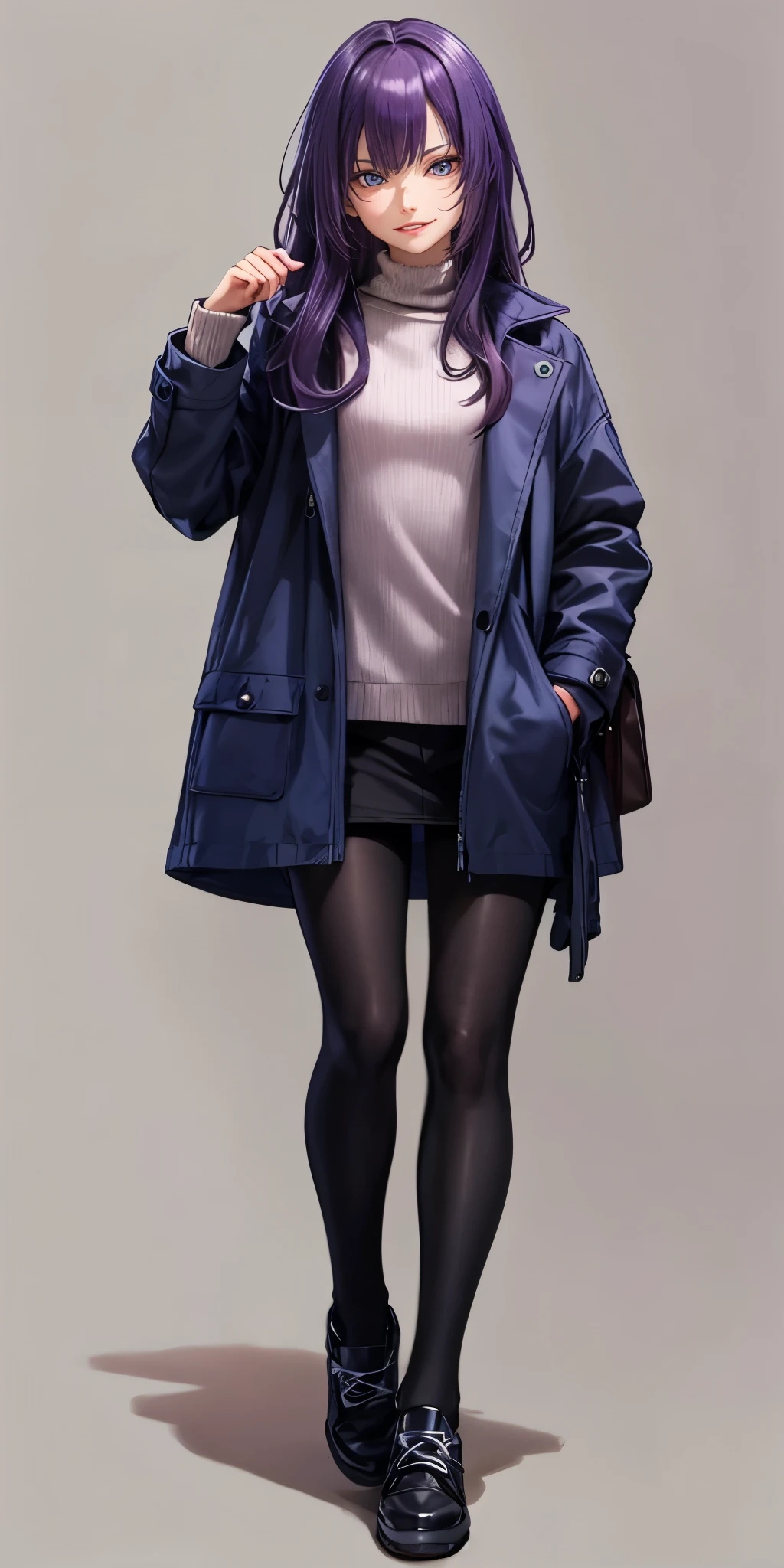 anatomically correct, best quality, masterpiece, high quality, high details, highres, HD, (shaded face:1.2), hollow eyes, purple eyes, looking at viewer, heavy breathing, smirk, upper teeth, purple hair, long hair, 1girl, solo, pantyhose, standing, coat, full_body, looking_at_viewer, black_legwear, smile, casual, closed_mouth, shoes, turtleneck, brown_hair, simple_background, blush, bangs, jacket