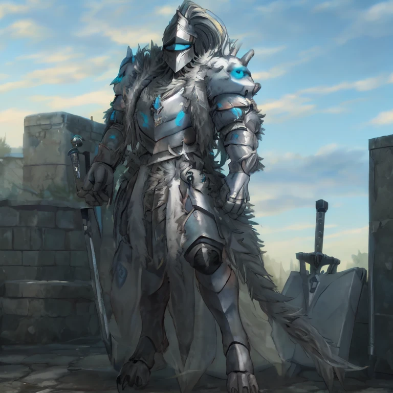 (masterpiece, best quality, detailed:1.2)
detailed full body, solo, at night, platinum_dragon_lord_armor, knight male dragon, horns, helmet, glowing blue eyes, tail, digitigrade feet, 
glowing blue eyes, tail, melee weapon, weapon, armor, plate armor, sword, floating weapon, knight, clothing, helmet, detailed background, midair, white fur, claws, full body, dragon pauldron, front view,