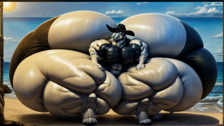 4k, high resolution, best quality, perfect lightning, perfect, solo, anthro, young, boy,white wolf:2.0, furry body, (fluffy mane:1.2), fluffy tail, male, adult, (bulky2:0, thick muscles2:0, huge muscles:2.0, hyper muscles:2.0), (thick biceps, veiny biceps, broad shoulders:2.0), (thick legs, thick calves:1.1), (digitigrade legs, 4 toes:1.2), perfect colors, (photorealistic fur, detailed fur, epic, masterpiece), (suggestive posing:1.2), (seductive smile, lustful grin 1.3), detailed beach,detailed wolf eyes:2.0, by k0suna, by darkgem,nipple ring,hyper arms:2.0,veins,white body,white fur,hyper butt:2.0,hyper paws:2.0,standing,thick legs,thick butts:2.0,sweat body:2.0,massive butt:2.0,black hat,hyper ass:2.0,huge ass,long legs,juicy butt:2.0