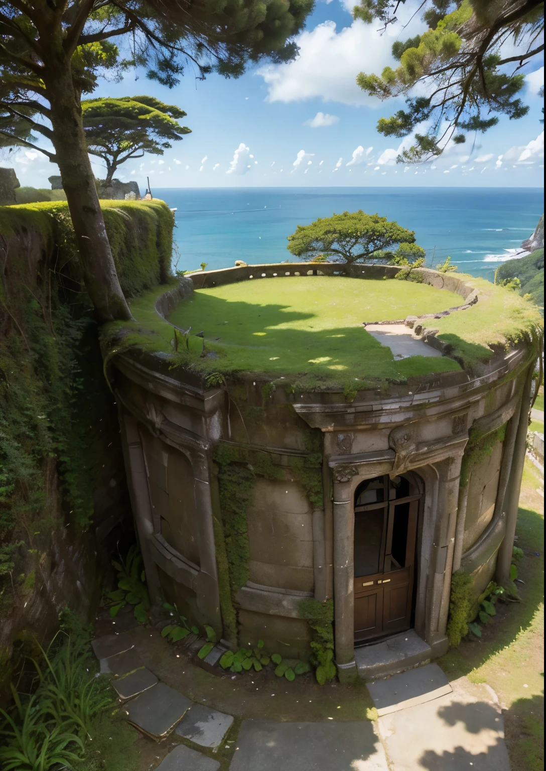 (masterpiece、highest quality:1.2)、8k、You can see the ocean、Ancient ruins built on the edge of a cliff、It is covered with moss and ivy.