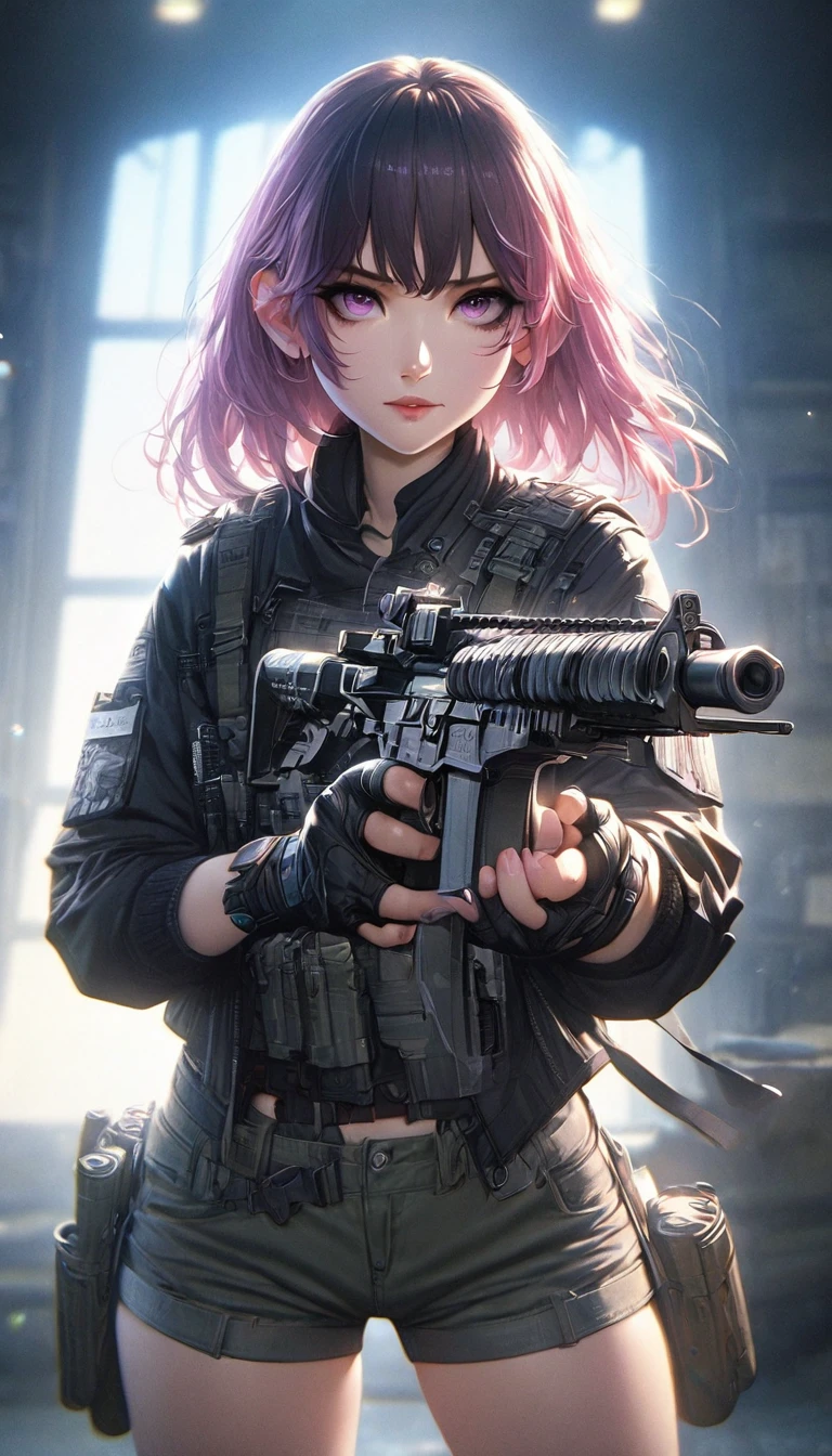 anime,soft light, Masterpiece, best quality,High quality,delicate face, realistic,1 girl,Full body, Black Jacket,with shorts,Long pink bob hair, with pink eyes,