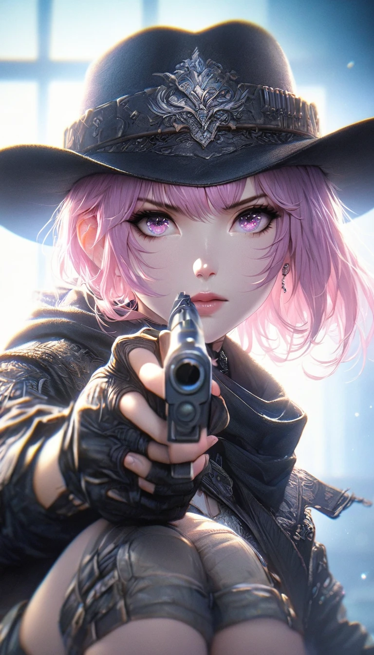 anime,soft light, Masterpiece, best quality,High quality,delicate face, realistic,1 girl,Full body, Black Jacket,with shorts,Long pink bob hair, with pink eyes,