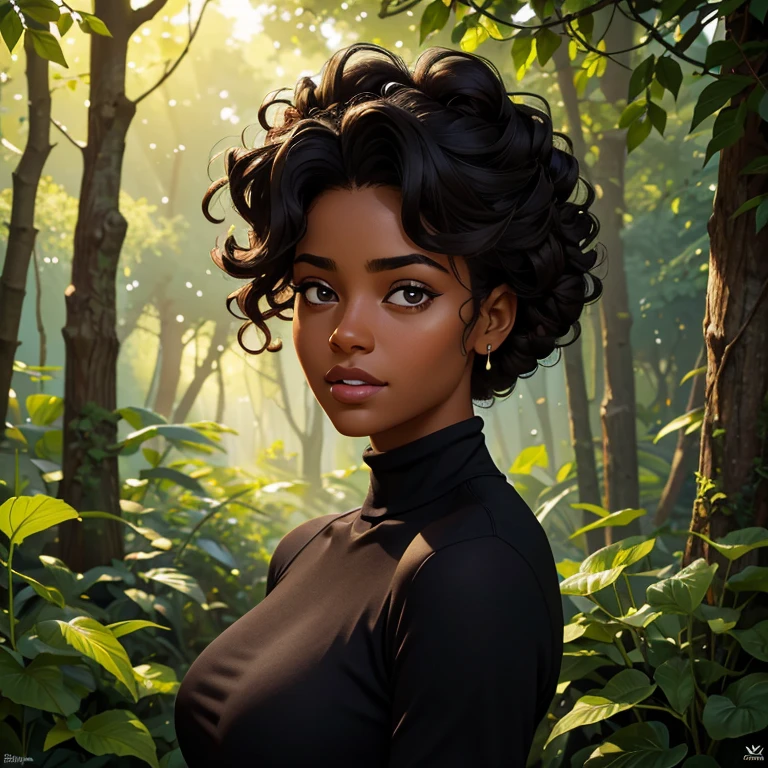 (highres:1.2),ultra-detailed,(realistic:1.37),(portrait:1.1),(young:1.1),(beautiful:1.1) black skinned girl with curly black hair in an updo, wearing a black turtleneck sweater, 18 years old. She has (detailed:1.1) captivating eyes with long eyelashes, full lips, and a warm smile. Her flawless dark skin shines under the (soft:1.1) studio lighting, revealing her natural beauty. The girl stands confidently with her head slightly tilted, exuding (elegance:1.2) and (confidence:1.1). Her posture is poised, showcasing her graceful demeanor. In the background, (subtle:0.9) sunlight filters through the trees, creating a (gentle:1.1) play of light and shadow. The air is filled with a sense of tranquility as if time stands still. She is surrounded by a lush garden, (overgrown:1.1) with colorful flowers in bloom, adding a vibrant touch to the scene. The atmosphere is (serene:1.1) and (dreamlike:1.1), creating a sense of calm and peace. The colors are (rich:1.2) and (vibrant:1.1), with deep shades of green and pops of vibrant hues from the flowers. The overall color palette is (harmonious:1.2) and (complementary:1.1), adding to the visual appeal of the composition. The artwork is created using a (blend:1.1) of digital painting and photography, highlighting the delicate details of the girl's features and the natural elements in the scene. The (textures:1.1) are meticulously crafted, adding depth and realism to the image. The focus of the composition is on the girl, capturing her (warmth:1.1), (beauty:1.1), and (youthfulness:1.2). The viewer is drawn into her world, experiencing a moment of connection and admiration. Garota negra, with hair that is curly and appears to be quite voluminous.The natural style of the curls suggests that the hair has a texture that retains the shape of the curls well. Dark brown eyes black image background with blue lightning
