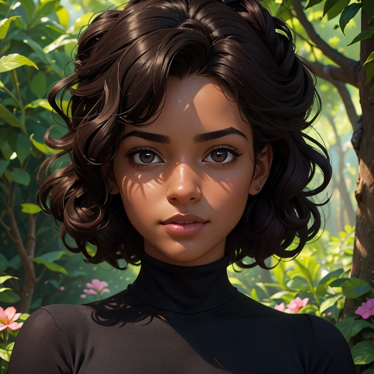 (highres:1.2),ultra-detailed,(realistic:1.37),(portrait:1.1),(young:1.1),(beautiful:1.1) black skinned girl with curly black hair in an updo, wearing a black turtleneck sweater, 18 years old. She has (detailed:1.1) captivating eyes with long eyelashes, full lips, and a warm smile. Her flawless dark skin shines under the (soft:1.1) studio lighting, revealing her natural beauty. The girl stands confidently with her head slightly tilted, exuding (elegance:1.2) and (confidence:1.1). Her posture is poised, showcasing her graceful demeanor. In the background, (subtle:0.9) sunlight filters through the trees, creating a (gentle:1.1) play of light and shadow. The air is filled with a sense of tranquility as if time stands still. She is surrounded by a lush garden, (overgrown:1.1) with colorful flowers in bloom, adding a vibrant touch to the scene. The atmosphere is (serene:1.1) and (dreamlike:1.1), creating a sense of calm and peace. The colors are (rich:1.2) and (vibrant:1.1), with deep shades of green and pops of vibrant hues from the flowers. The overall color palette is (harmonious:1.2) and (complementary:1.1), adding to the visual appeal of the composition. The artwork is created using a (blend:1.1) of digital painting and photography, highlighting the delicate details of the girl's features and the natural elements in the scene. The (textures:1.1) are meticulously crafted, adding depth and realism to the image. The focus of the composition is on the girl, capturing her (warmth:1.1), (beauty:1.1), and (youthfulness:1.2). The viewer is drawn into her world, experiencing a moment of connection and admiration. Garota negra, with hair that is curly and appears to be quite voluminous.The natural style of the curls suggests that the hair has a texture that retains the shape of the curls well. Dark brown eyes black image background with blue lightning