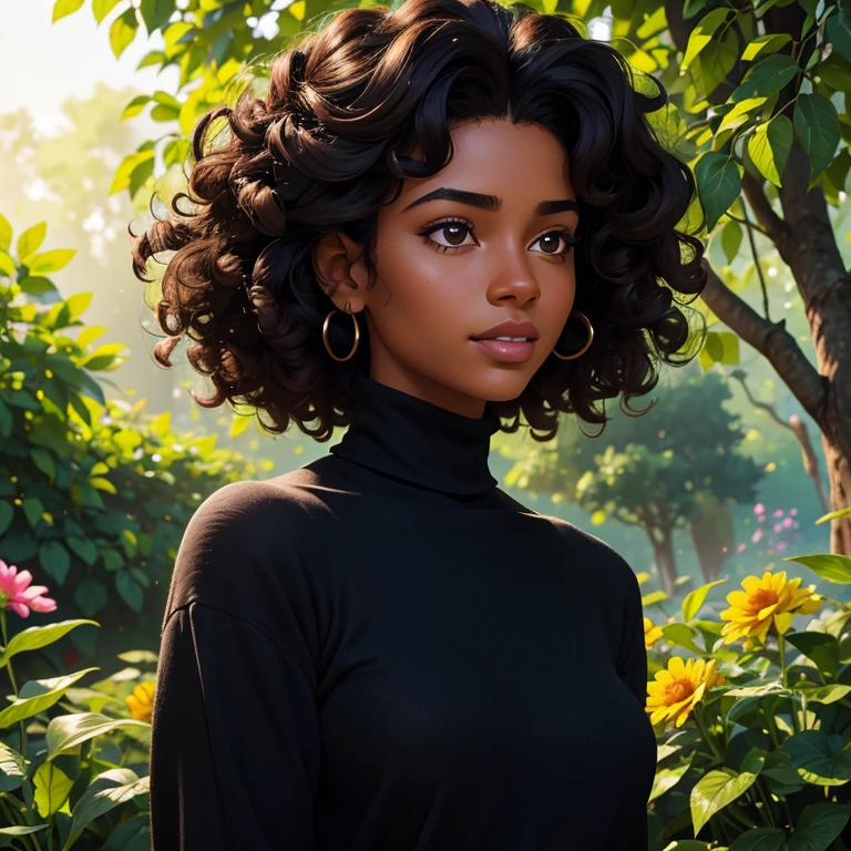(highres:1.2),ultra-detailed,(realistic:1.37),(portrait:1.1),(young:1.1),(beautiful:1.1) black skinned girl with curly black hair in an updo, wearing a black turtleneck sweater, 18 years old. She has (detailed:1.1) captivating eyes with long eyelashes, full lips, and a warm smile. Her flawless dark skin shines under the (soft:1.1) studio lighting, revealing her natural beauty. The girl stands confidently with her head slightly tilted, exuding (elegance:1.2) and (confidence:1.1). Her posture is poised, showcasing her graceful demeanor. In the background, (subtle:0.9) sunlight filters through the trees, creating a (gentle:1.1) play of light and shadow. The air is filled with a sense of tranquility as if time stands still. She is surrounded by a lush garden, (overgrown:1.1) with colorful flowers in bloom, adding a vibrant touch to the scene. The atmosphere is (serene:1.1) and (dreamlike:1.1), creating a sense of calm and peace. The colors are (rich:1.2) and (vibrant:1.1), with deep shades of green and pops of vibrant hues from the flowers. The overall color palette is (harmonious:1.2) and (complementary:1.1), adding to the visual appeal of the composition. The artwork is created using a (blend:1.1) of digital painting and photography, highlighting the delicate details of the girl's features and the natural elements in the scene. The (textures:1.1) are meticulously crafted, adding depth and realism to the image. The focus of the composition is on the girl, capturing her (warmth:1.1), (beauty:1.1), and (youthfulness:1.2). The viewer is drawn into her world, experiencing a moment of connection and admiration. Garota negra, with hair that is curly and appears to be quite voluminous.The natural style of the curls suggests that the hair has a texture that retains the shape of the curls well. Dark brown eyes black image background with blue lightning